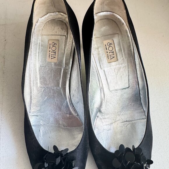 Vintage Sofia Black Satin Pointy Toe Sequin Accent Kitten Heel Hells 36 - Picture 4 of 11